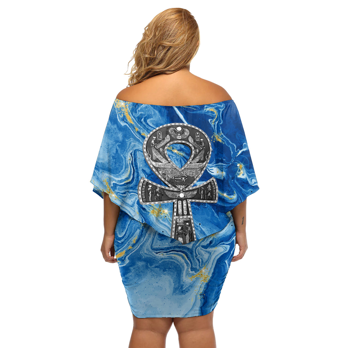 Ankh On Blue Off Shoulder Short Dress Pan African - Wonder Print Shop