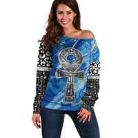 Ankh On Blue Off Shoulder Sweater Pan African - Wonder Print Shop