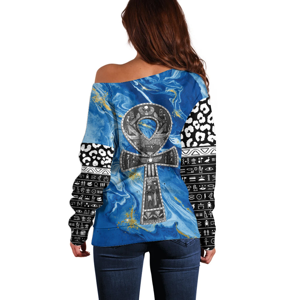 Ankh On Blue Off Shoulder Sweater Pan African - Wonder Print Shop