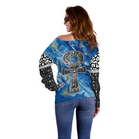Ankh On Blue Off Shoulder Sweater Pan African - Wonder Print Shop
