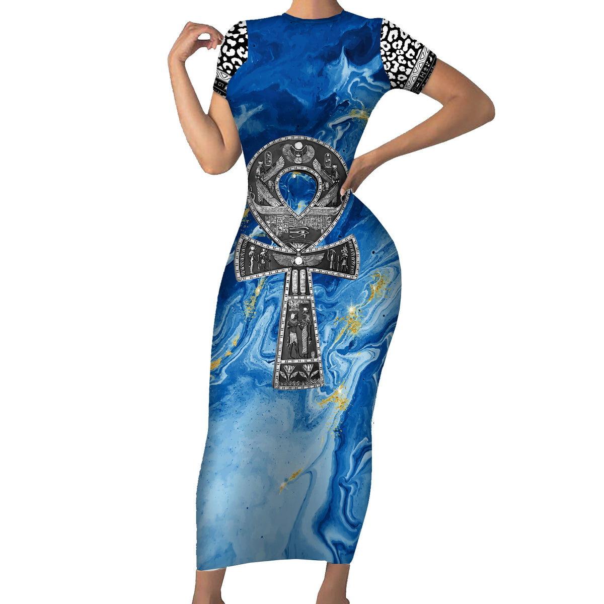 Ankh On Blue Short Sleeve Bodycon Dress Pan African - Wonder Print Shop