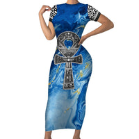 Ankh On Blue Short Sleeve Bodycon Dress Pan African - Wonder Print Shop