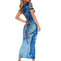 Ankh On Blue Short Sleeve Bodycon Dress Pan African - Wonder Print Shop