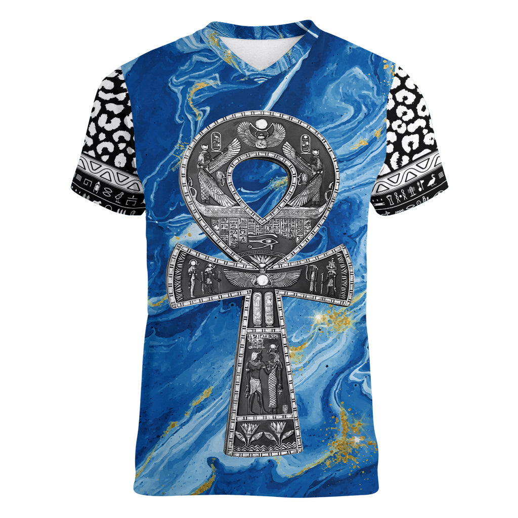 Ankh On Blue Women V Neck T Shirt Pan African - Wonder Print Shop