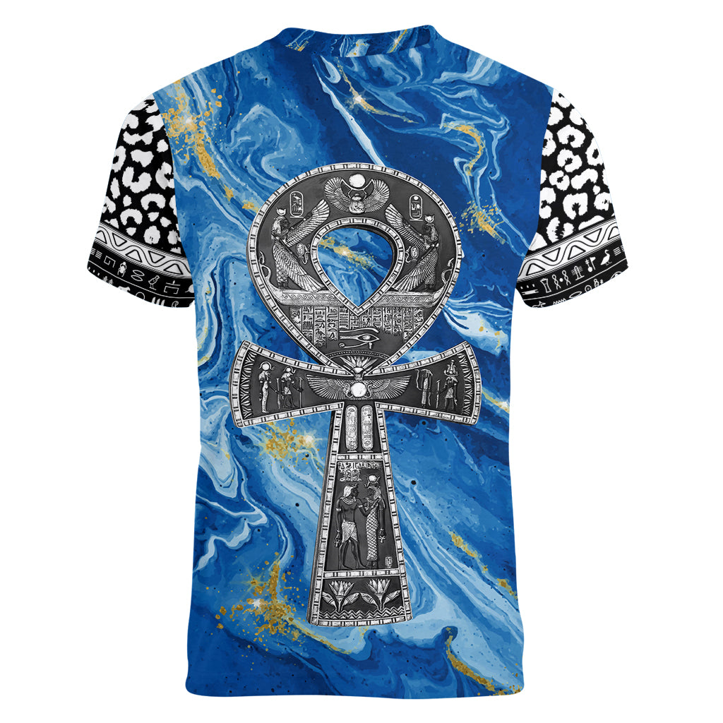 Ankh On Blue Women V Neck T Shirt Pan African - Wonder Print Shop