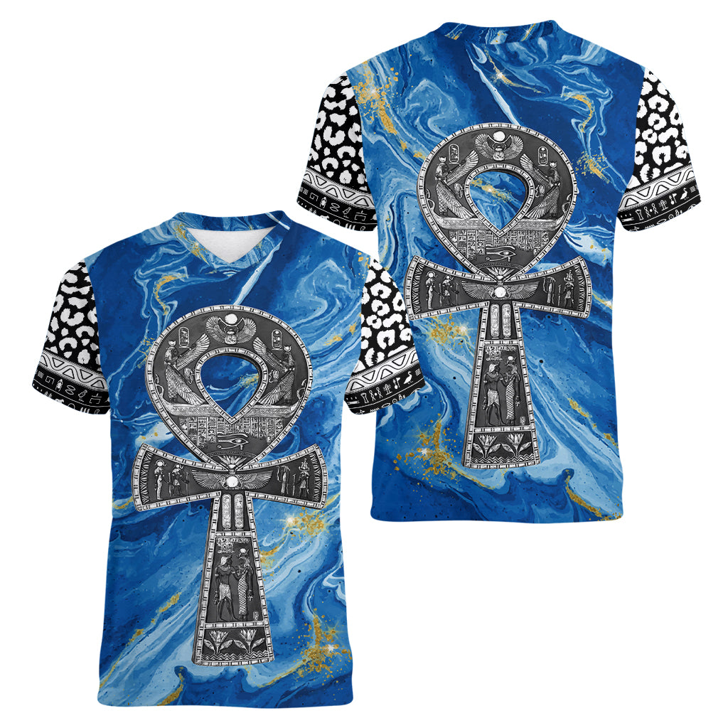 Ankh On Blue Women V Neck T Shirt Pan African - Wonder Print Shop
