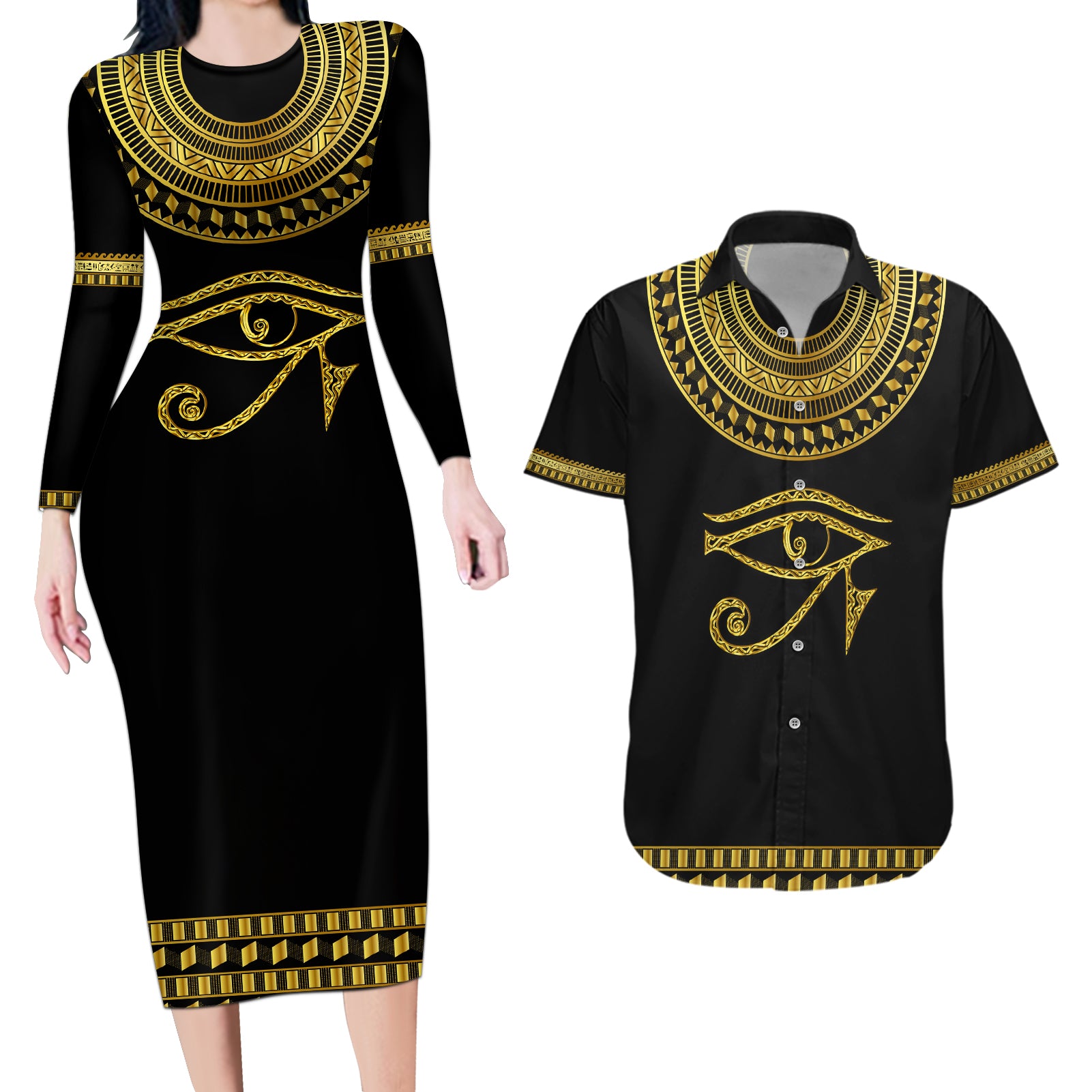 Eyes Of Horus Couples Matching Long Sleeve Bodycon Dress and Hawaiian Shirt Egyptian Art