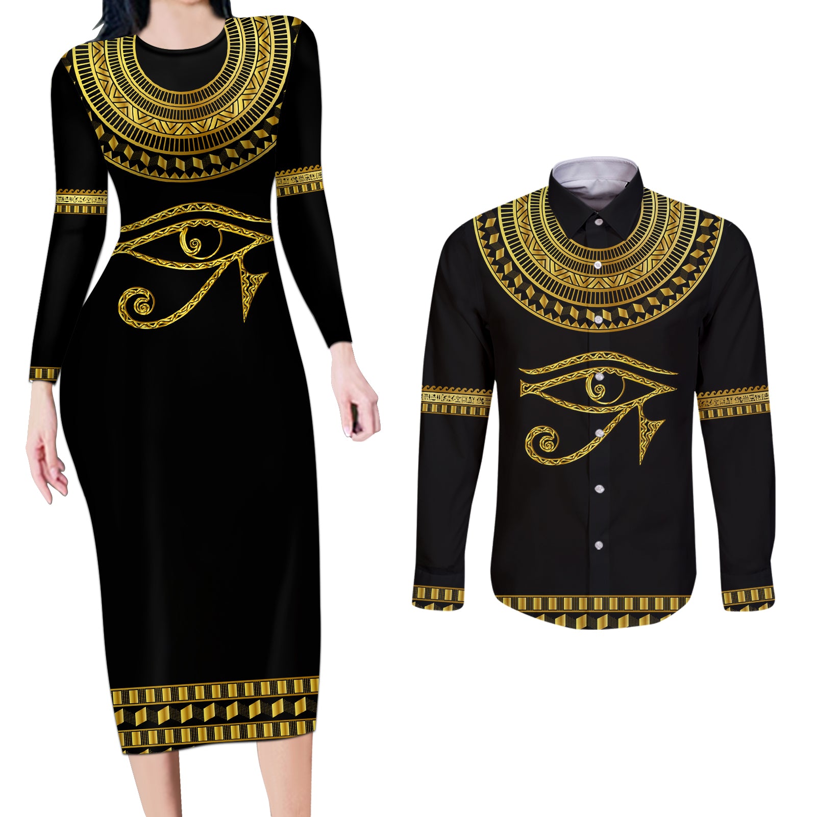 Eyes Of Horus Couples Matching Long Sleeve Bodycon Dress and Long Sleeve Button Shirt Egyptian Art