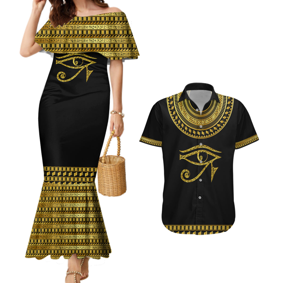 Eyes Of Horus Couples Matching Mermaid Dress and Hawaiian Shirt Egyptian Art - Wonder Print Shop