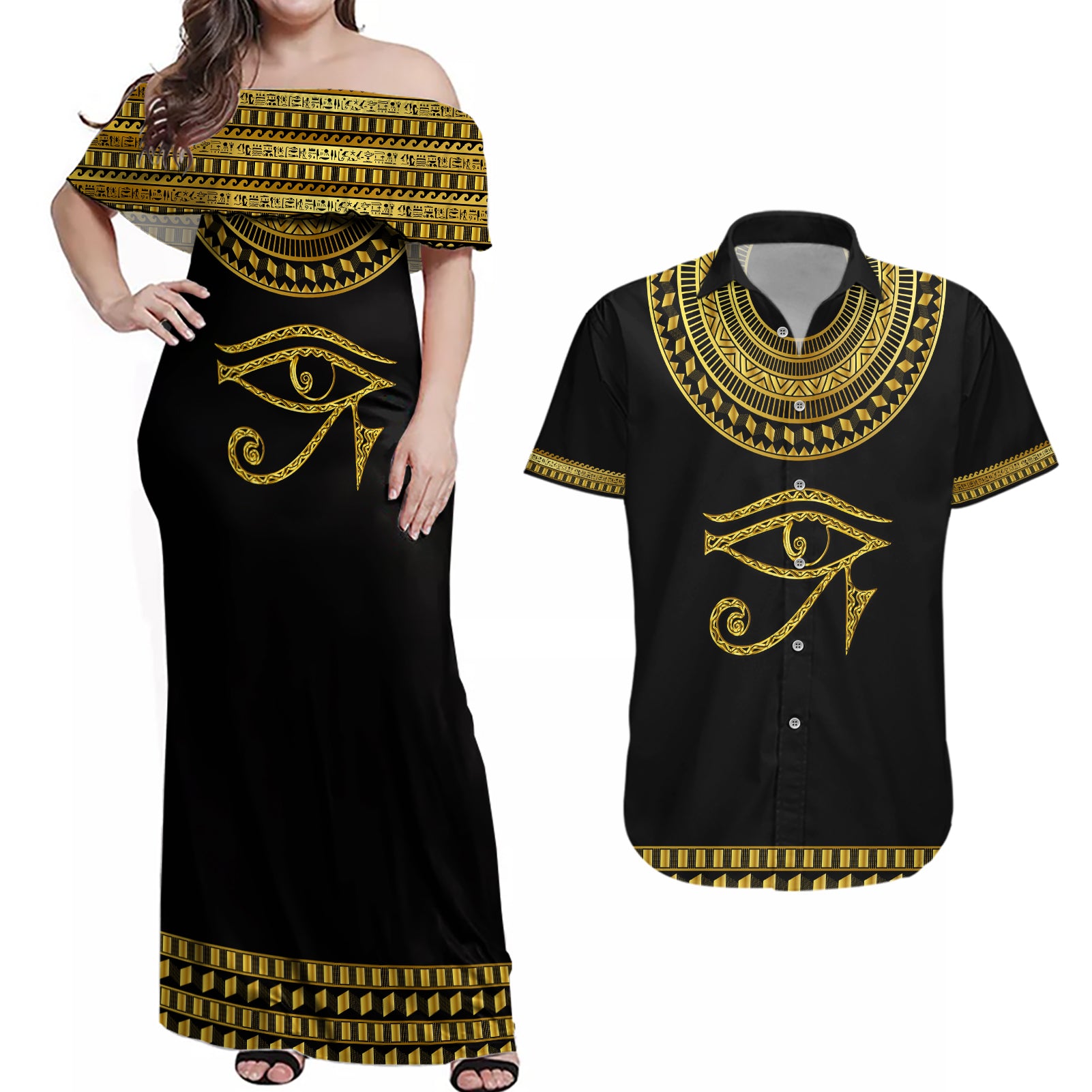 Eyes Of Horus Couples Matching Off Shoulder Maxi Dress and Hawaiian Shirt Egyptian Art
