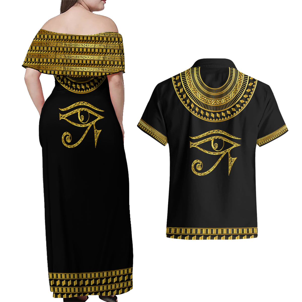Eyes Of Horus Couples Matching Off Shoulder Maxi Dress and Hawaiian Shirt Egyptian Art - Wonder Print Shop
