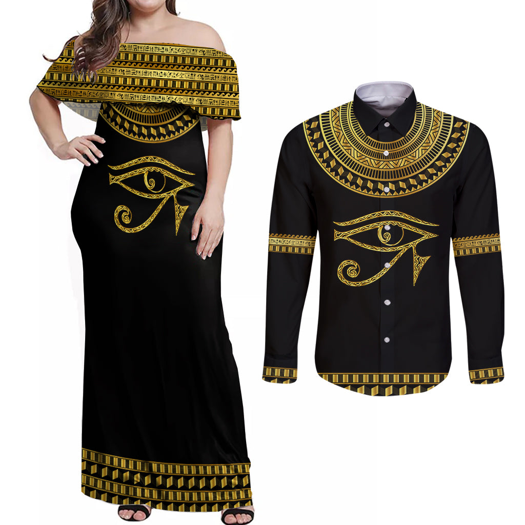 Eyes Of Horus Couples Matching Off Shoulder Maxi Dress and Long Sleeve Button Shirt Egyptian Art