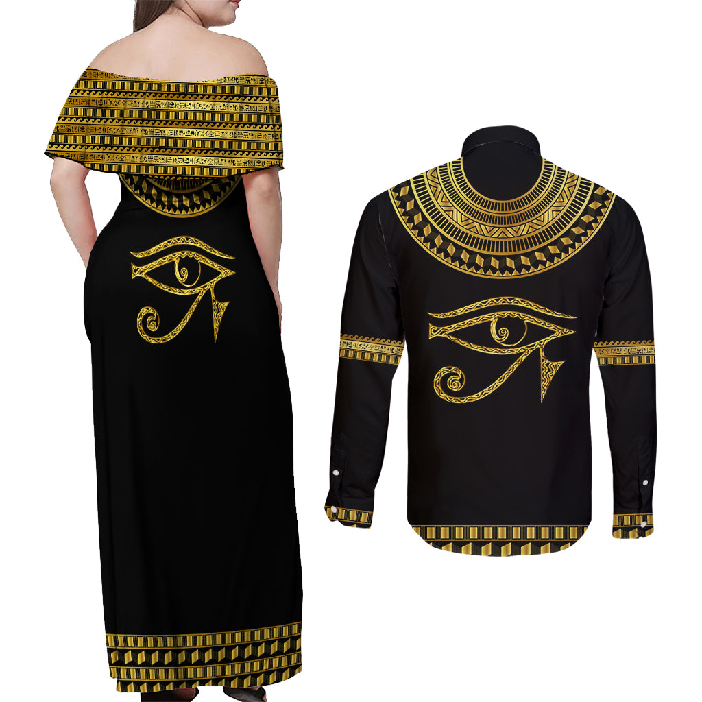 Eyes Of Horus Couples Matching Off Shoulder Maxi Dress and Long Sleeve Button Shirt Egyptian Art - Wonder Print Shop