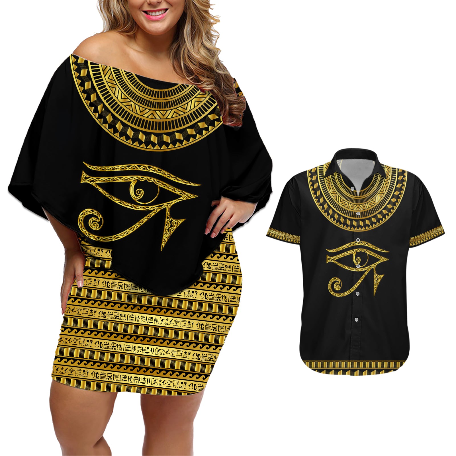 Eyes Of Horus Couples Matching Off Shoulder Short Dress and Hawaiian Shirt Egyptian Art
