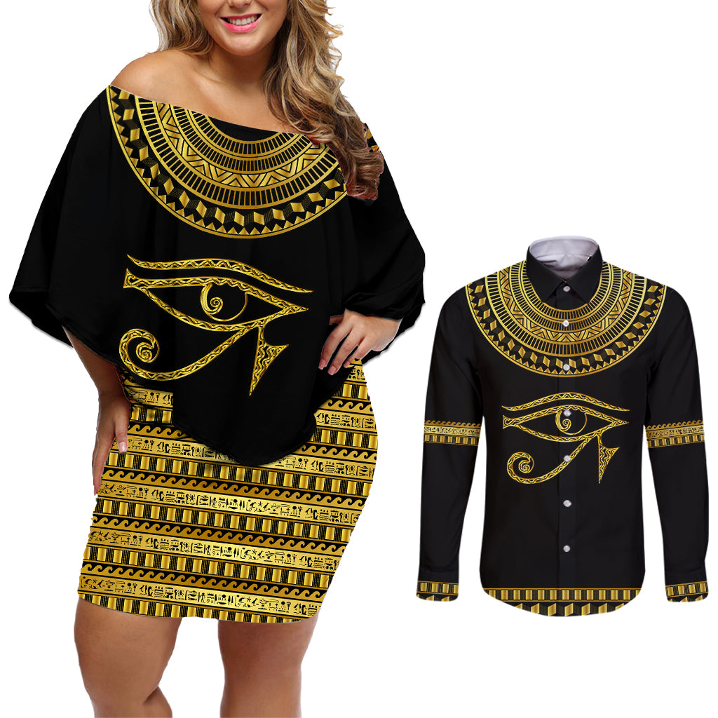 Eyes Of Horus Couples Matching Off Shoulder Short Dress and Long Sleeve Button Shirt Egyptian Art