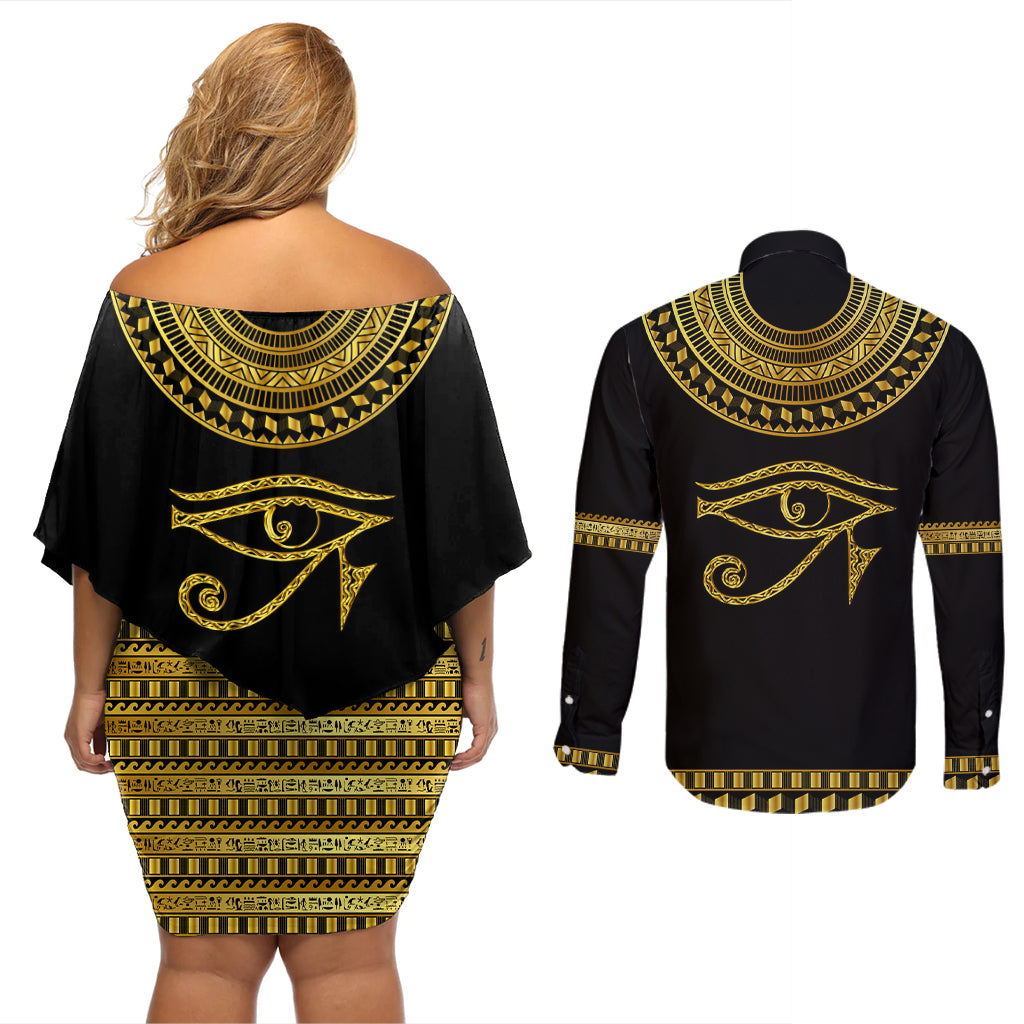 Eyes Of Horus Couples Matching Off Shoulder Short Dress and Long Sleeve Button Shirt Egyptian Art - Wonder Print Shop
