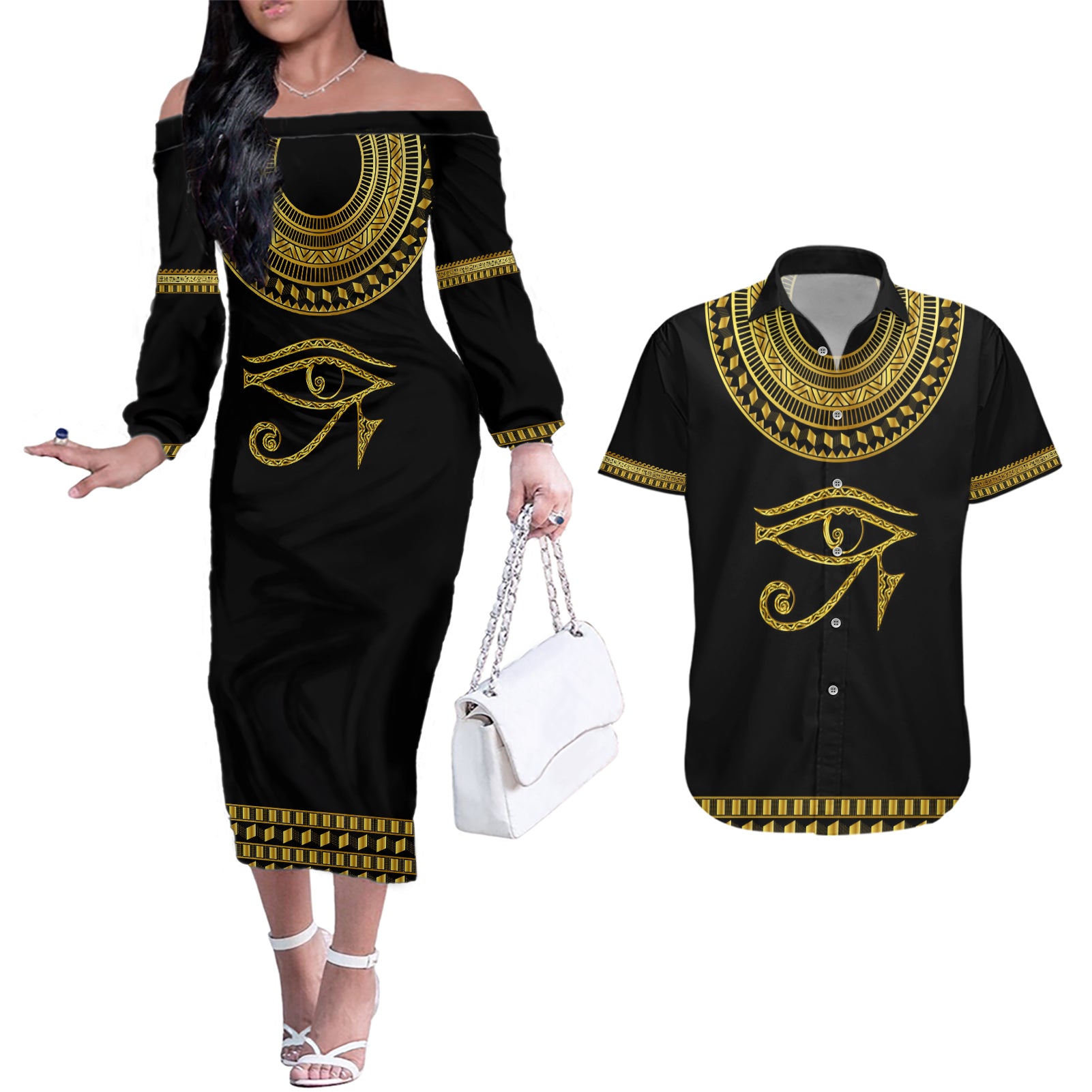 Eyes Of Horus Couples Matching Off The Shoulder Long Sleeve Dress and Hawaiian Shirt Egyptian Art