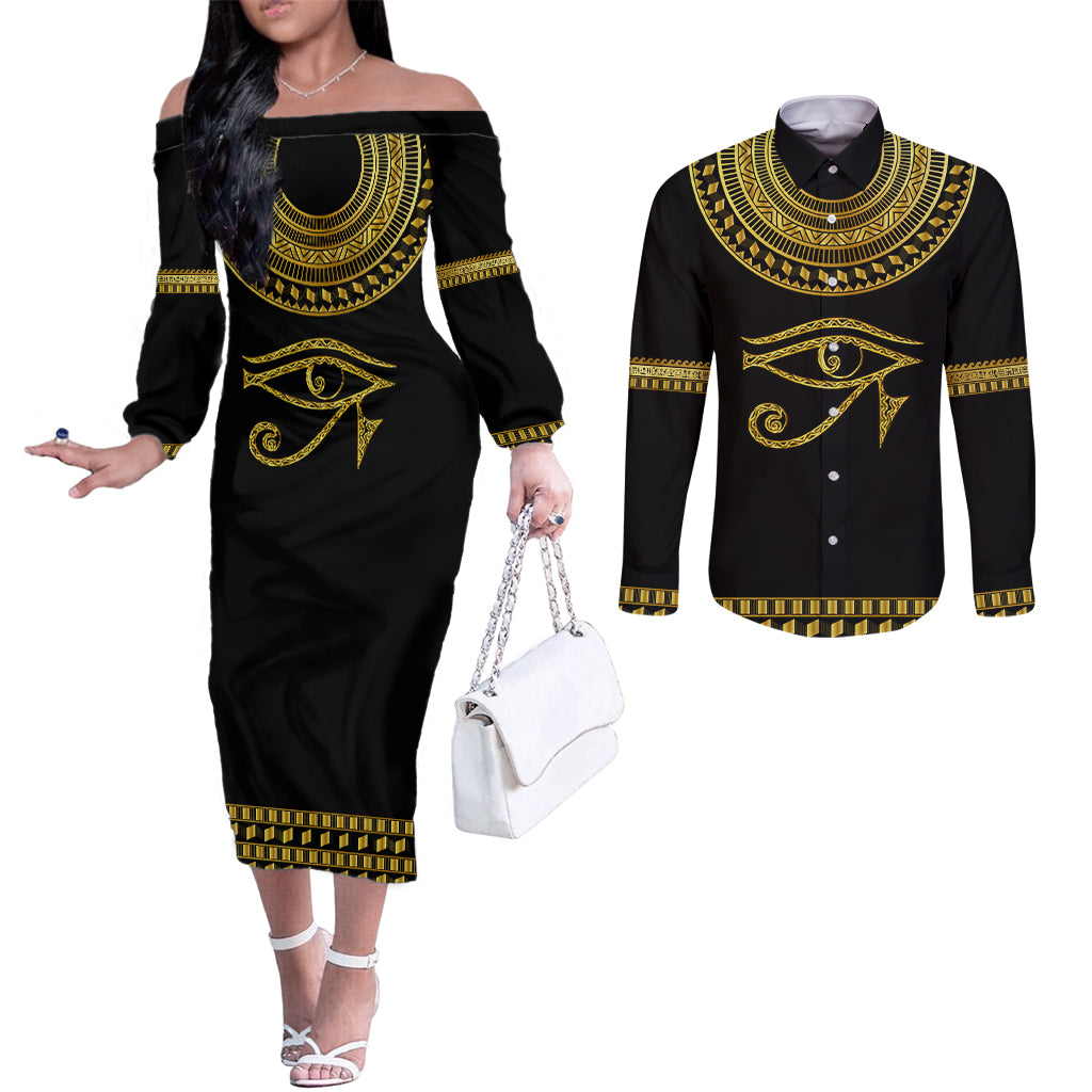 Eyes Of Horus Couples Matching Off The Shoulder Long Sleeve Dress and Long Sleeve Button Shirt Egyptian Art