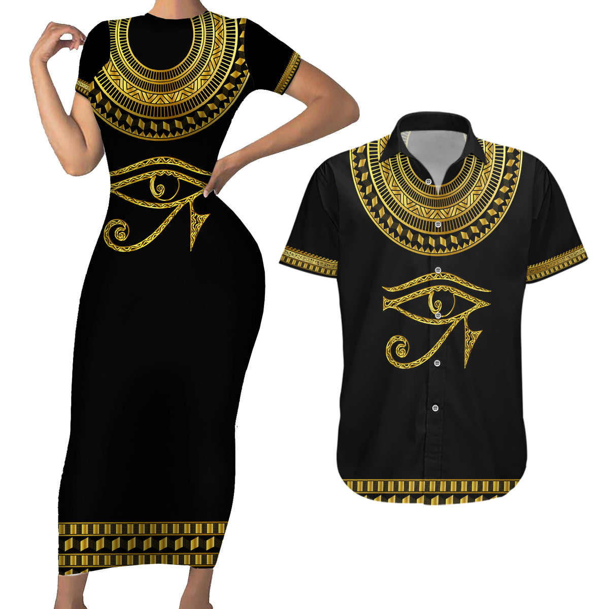 Eyes Of Horus Couples Matching Short Sleeve Bodycon Dress and Hawaiian Shirt Egyptian Art - Wonder Print Shop