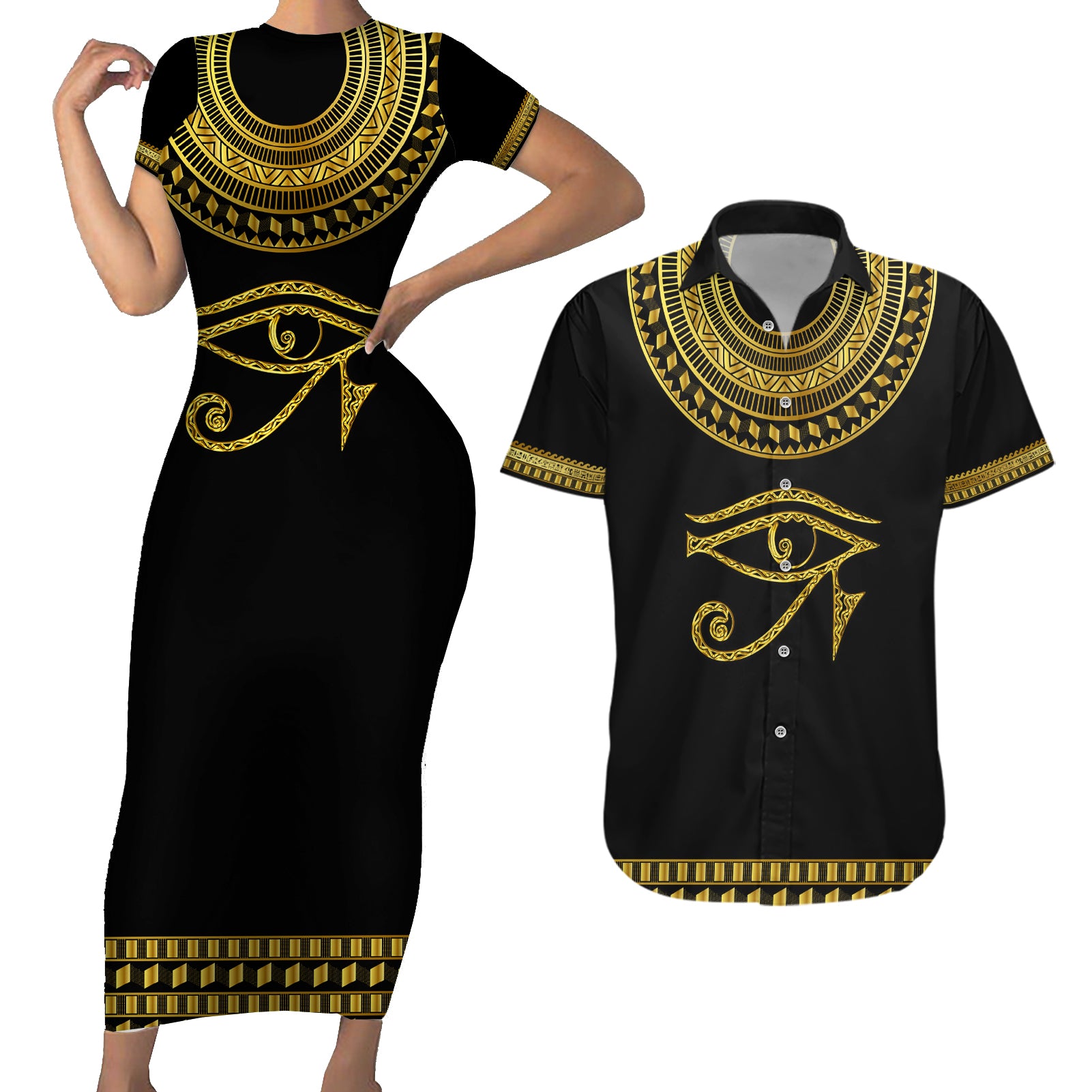 Eyes Of Horus Couples Matching Short Sleeve Bodycon Dress and Hawaiian Shirt Egyptian Art