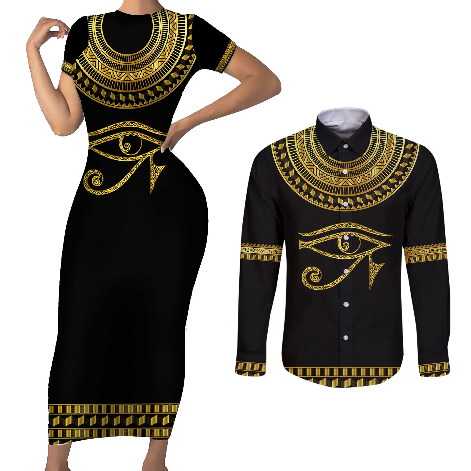 Eyes Of Horus Couples Matching Short Sleeve Bodycon Dress and Long Sleeve Button Shirt Egyptian Art
