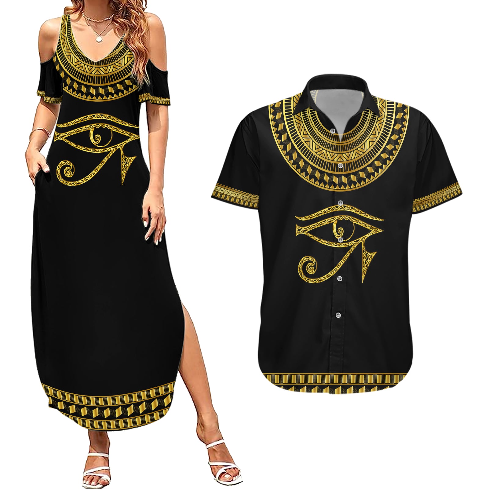 Eyes Of Horus Couples Matching Summer Maxi Dress and Hawaiian Shirt Egyptian Art