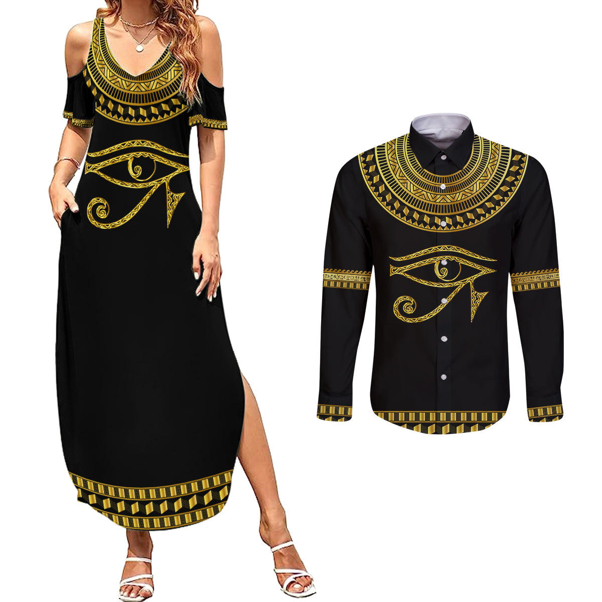 Eyes Of Horus Couples Matching Summer Maxi Dress and Long Sleeve Button Shirt Egyptian Art