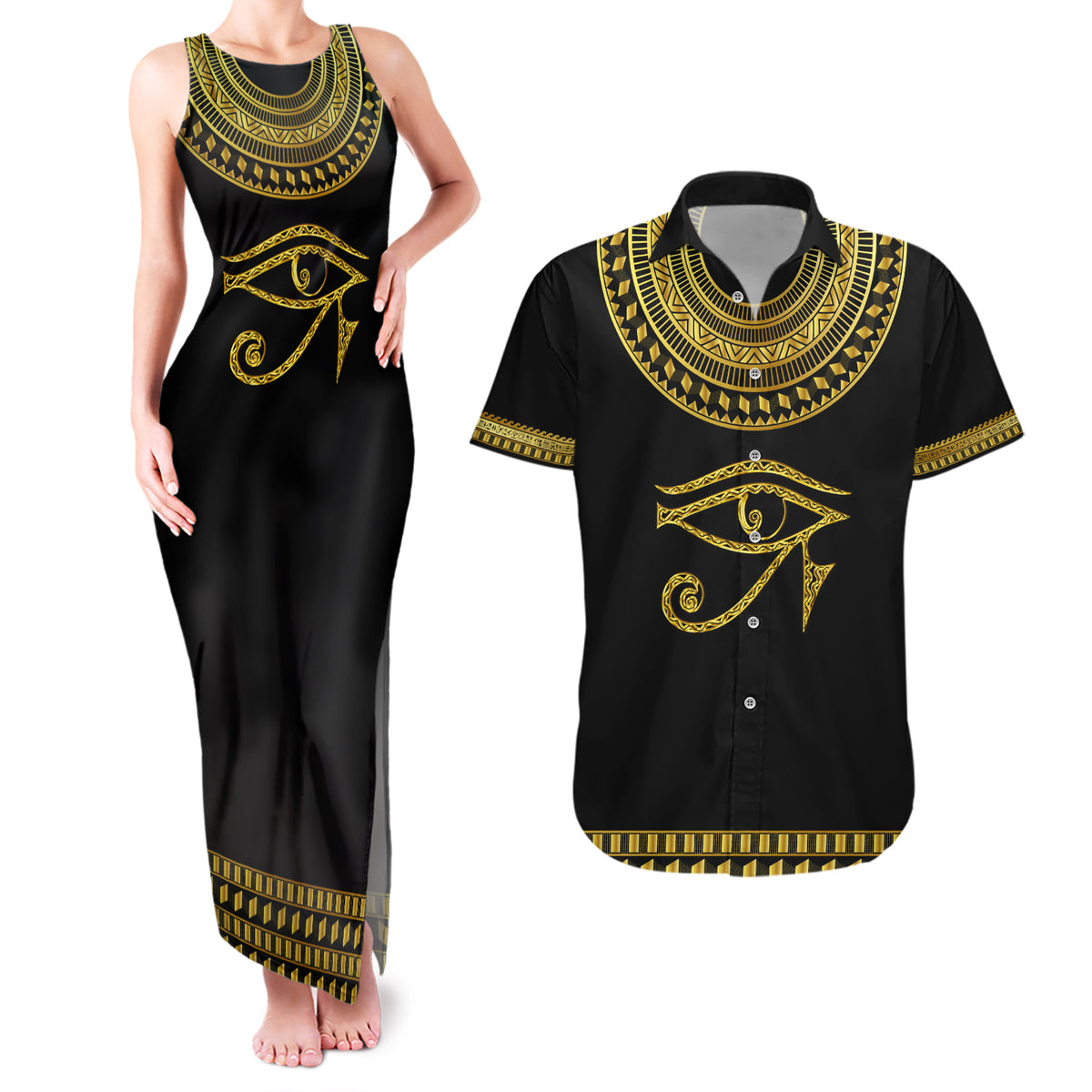 Eyes Of Horus Couples Matching Tank Maxi Dress and Hawaiian Shirt Egyptian Art - Wonder Print Shop