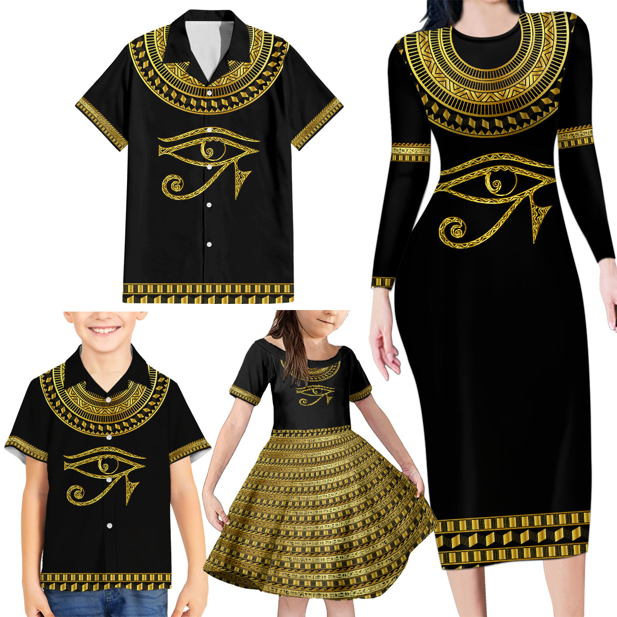 Eyes Of Horus Family Matching Long Sleeve Bodycon Dress and Hawaiian Shirt Egyptian Art
