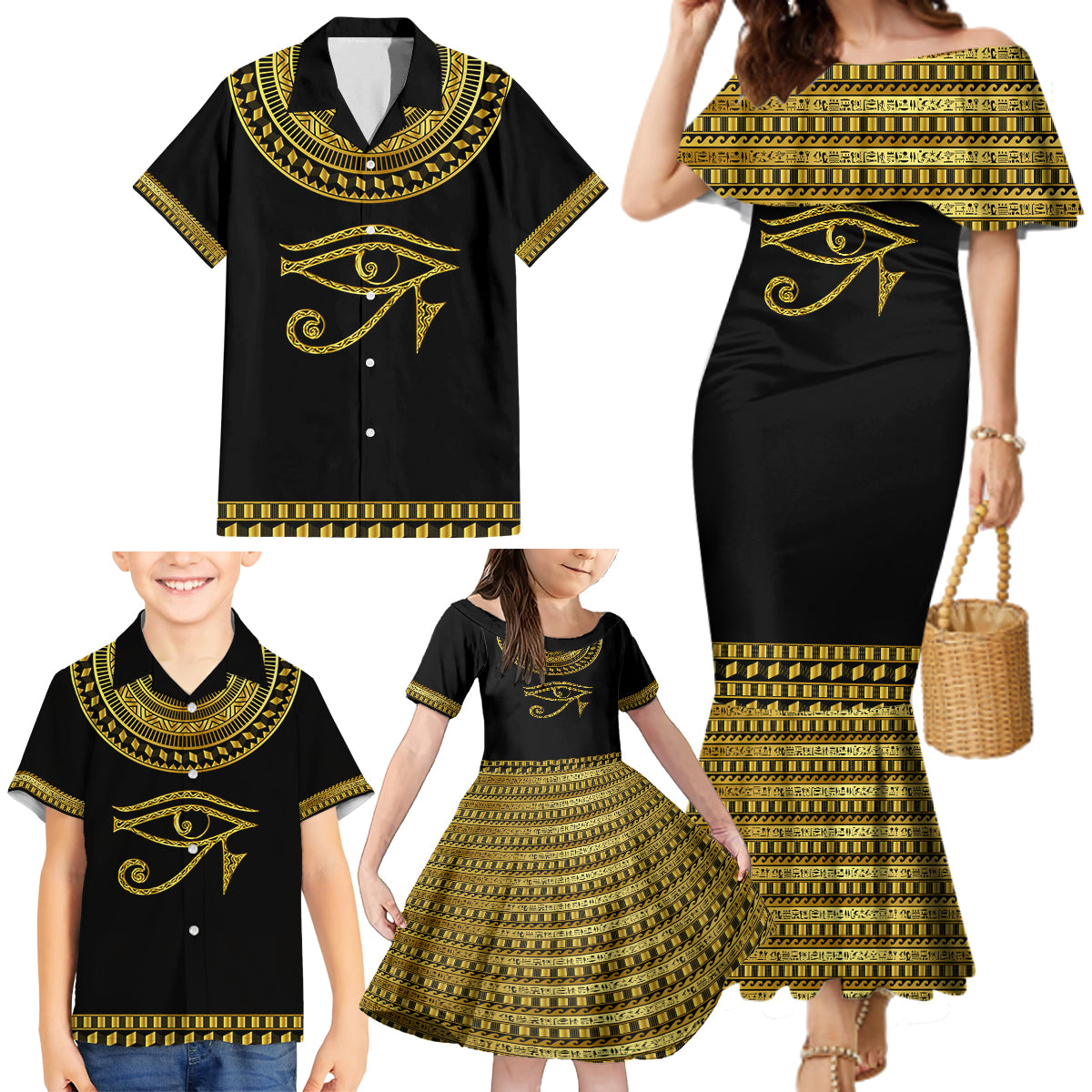 Eyes Of Horus Family Matching Mermaid Dress and Hawaiian Shirt Egyptian Art