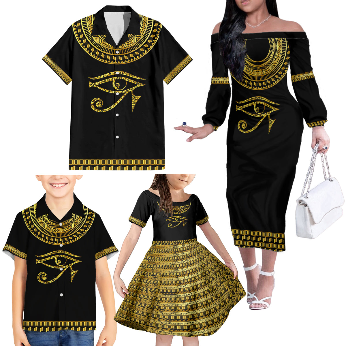 Eyes Of Horus Family Matching Off Shoulder Long Sleeve Dress and Hawaiian Shirt Egyptian Art - Wonder Print Shop