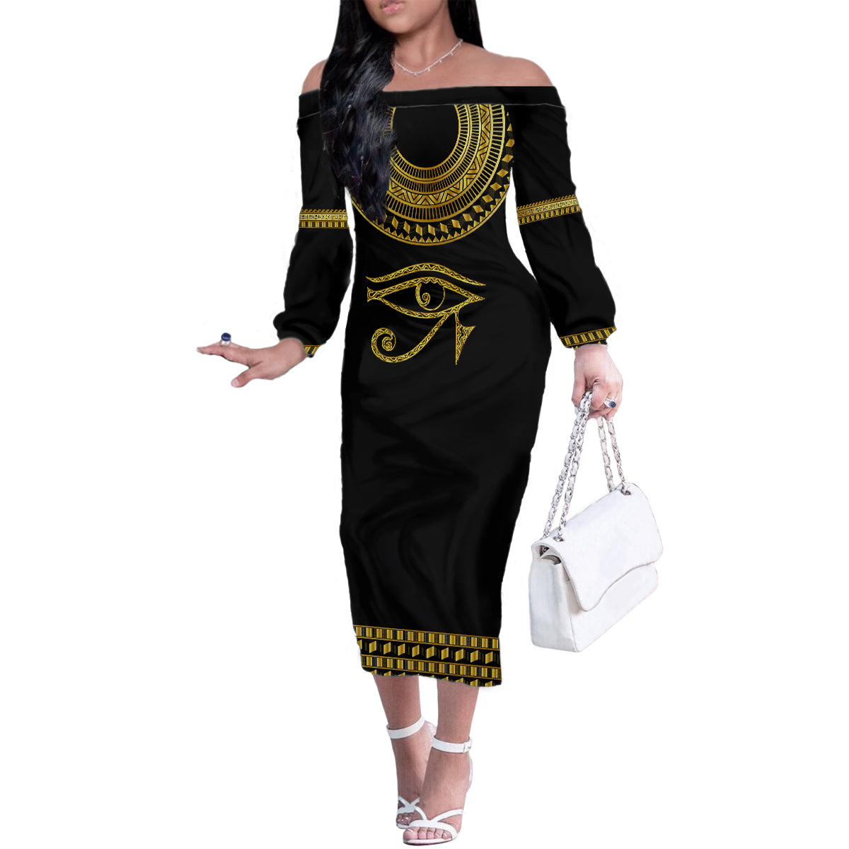 Eyes Of Horus Family Matching Off Shoulder Long Sleeve Dress and Hawaiian Shirt Egyptian Art - Wonder Print Shop