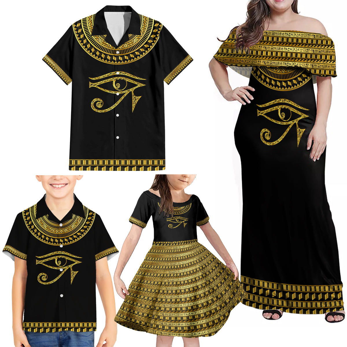 Eyes Of Horus Family Matching Off Shoulder Maxi Dress and Hawaiian Shirt Egyptian Art