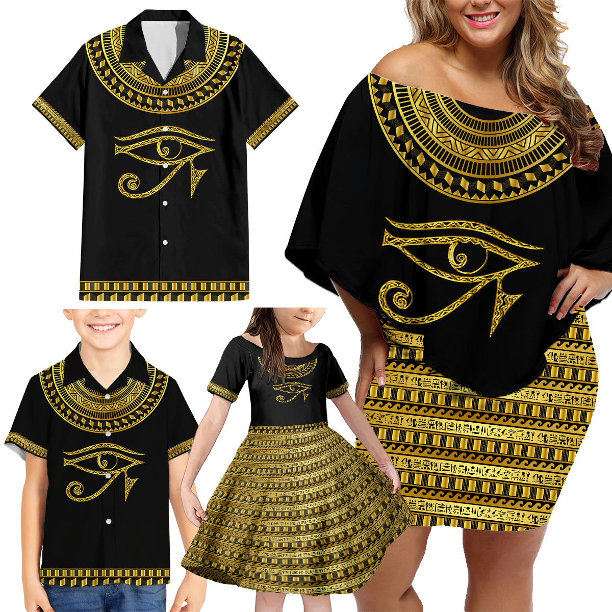 Eyes Of Horus Family Matching Off Shoulder Short Dress and Hawaiian Shirt Egyptian Art