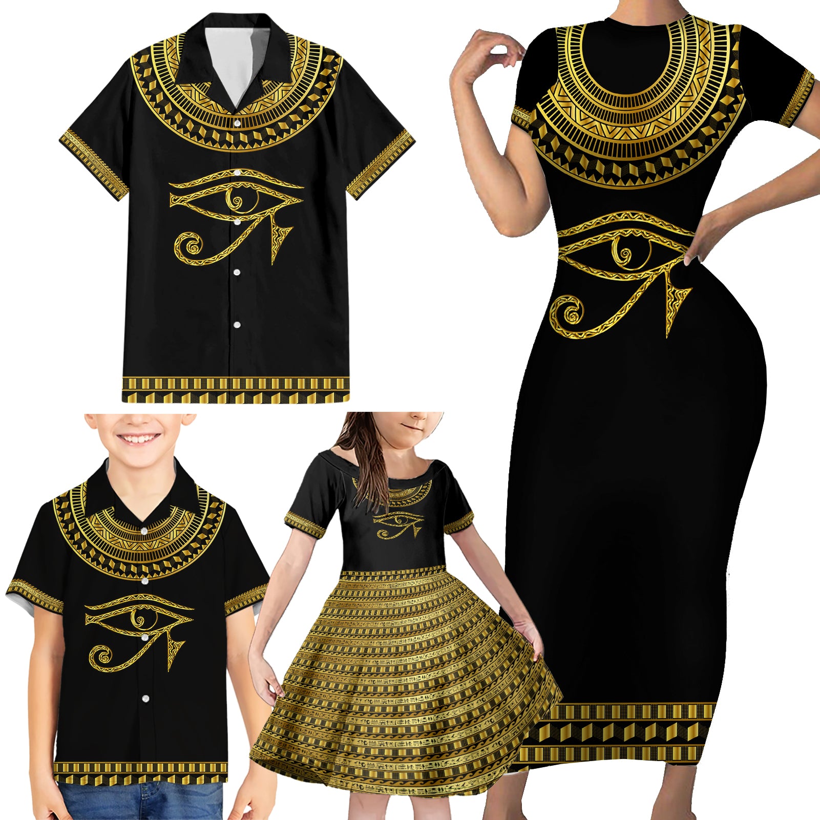 Eyes Of Horus Family Matching Short Sleeve Bodycon Dress and Hawaiian Shirt Egyptian Art