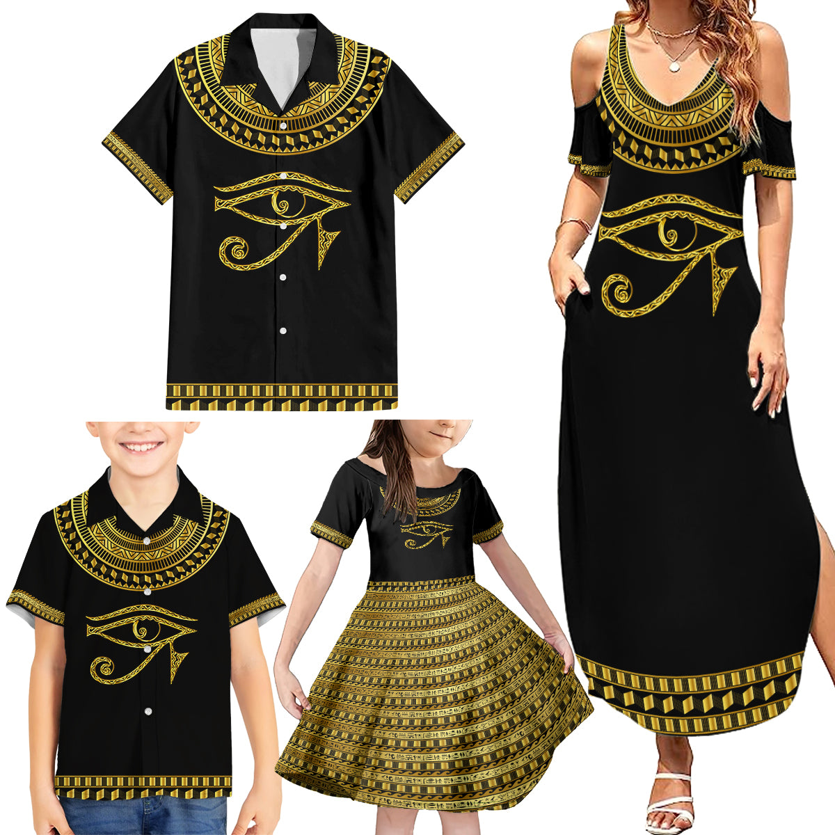 Eyes Of Horus Family Matching Summer Maxi Dress and Hawaiian Shirt Egyptian Art