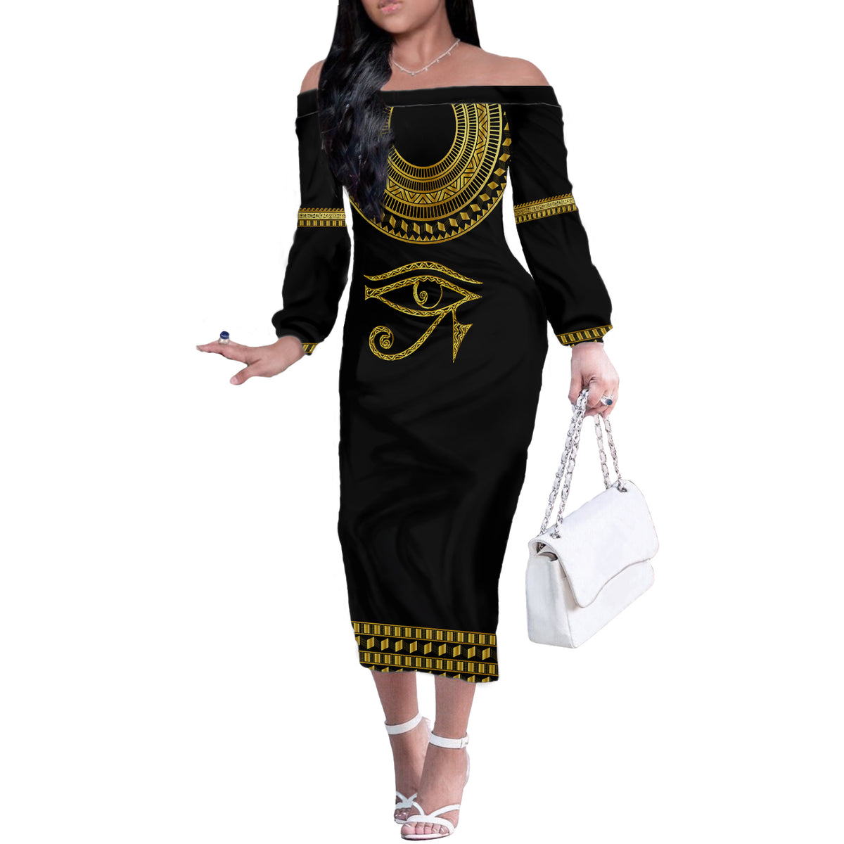 Eyes Of Horus Off The Shoulder Long Sleeve Dress Egyptian Art - Wonder Print Shop