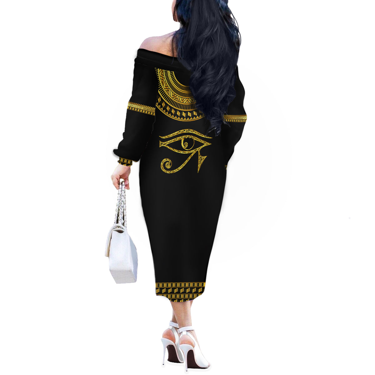 Eyes Of Horus Off The Shoulder Long Sleeve Dress Egyptian Art - Wonder Print Shop