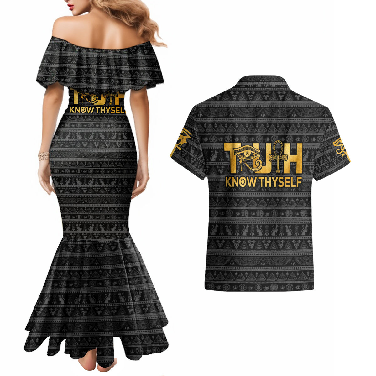 Personalized Truth Know Thyself Couples Matching Mermaid Dress and Hawaiian Shirt Eye of Horus and Ankh - Wonder Print Shop