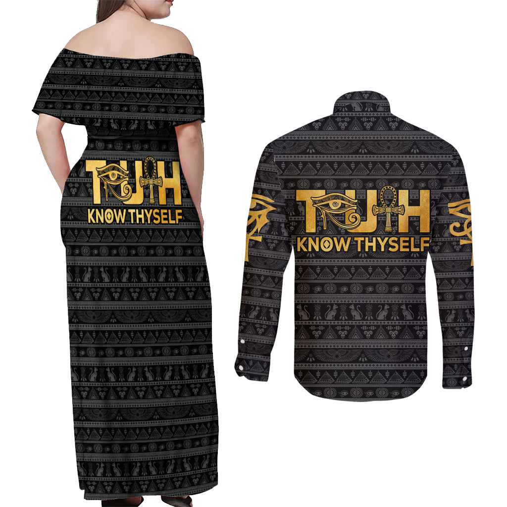 Personalized Truth Know Thyself Couples Matching Off Shoulder Maxi Dress and Long Sleeve Button Shirt Eye of Horus and Ankh - Wonder Print Shop