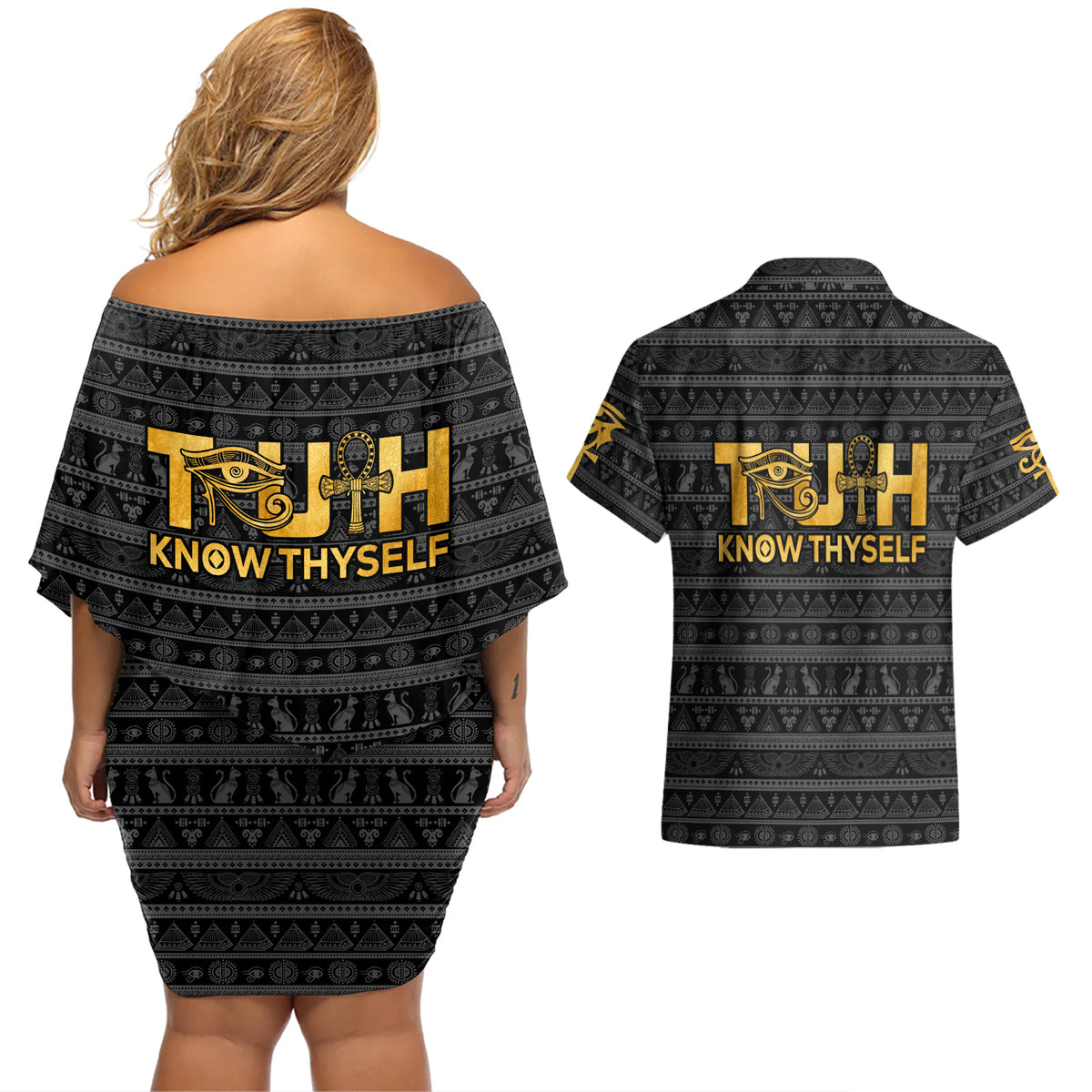 Personalized Truth Know Thyself Couples Matching Off Shoulder Short Dress and Hawaiian Shirt Eye of Horus and Ankh - Wonder Print Shop