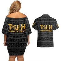Personalized Truth Know Thyself Couples Matching Off Shoulder Short Dress and Hawaiian Shirt Eye of Horus and Ankh - Wonder Print Shop