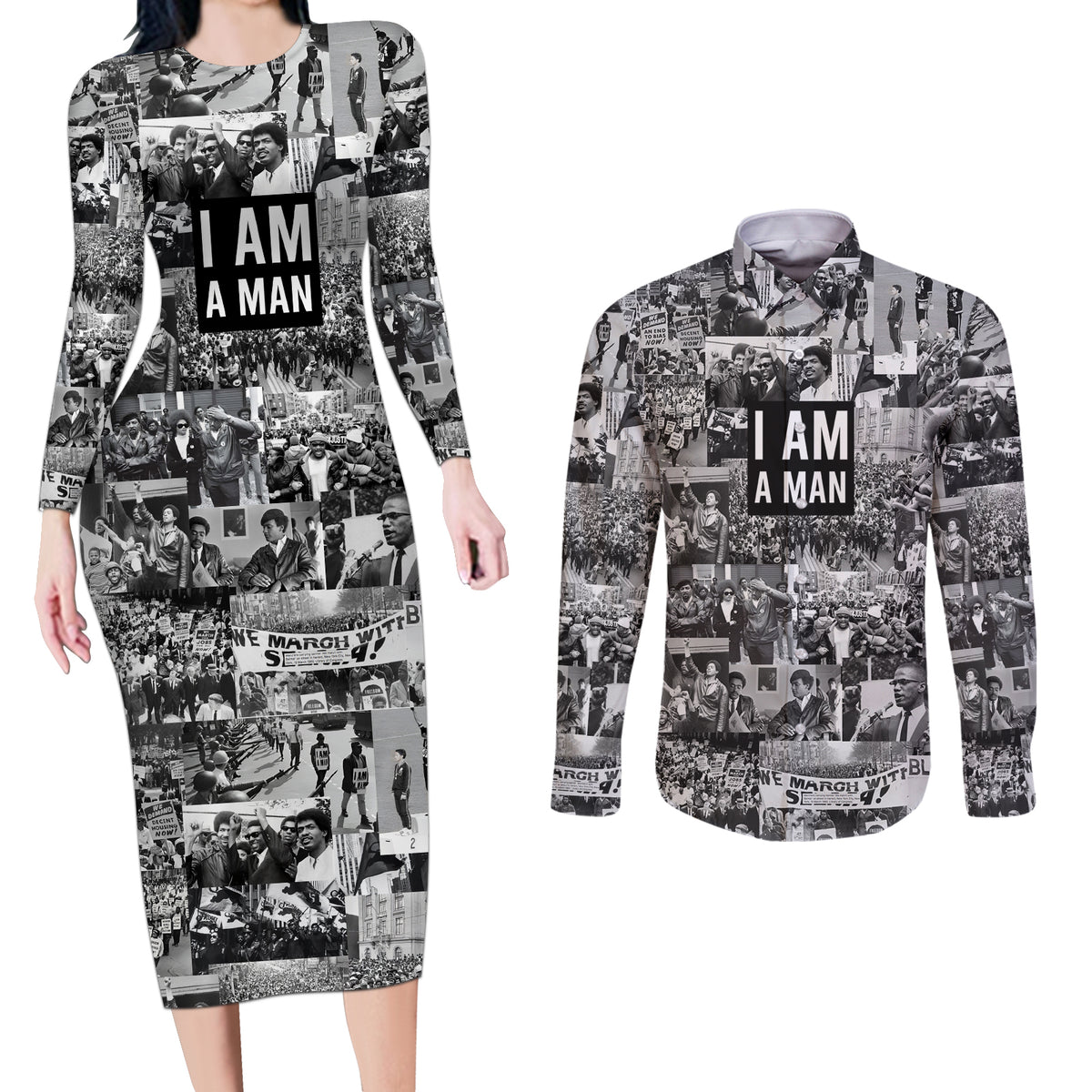 Black Power Couples Matching Long Sleeve Bodycon Dress and Long Sleeve Button Shirt African American Culture - Wonder Print Shop