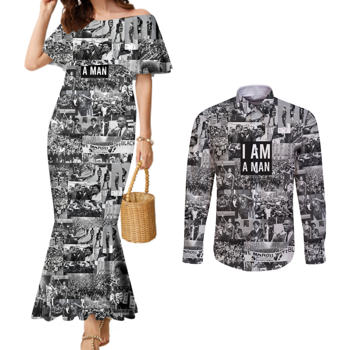 Black Power Couples Matching Mermaid Dress and Long Sleeve Button Shirt African American Culture
