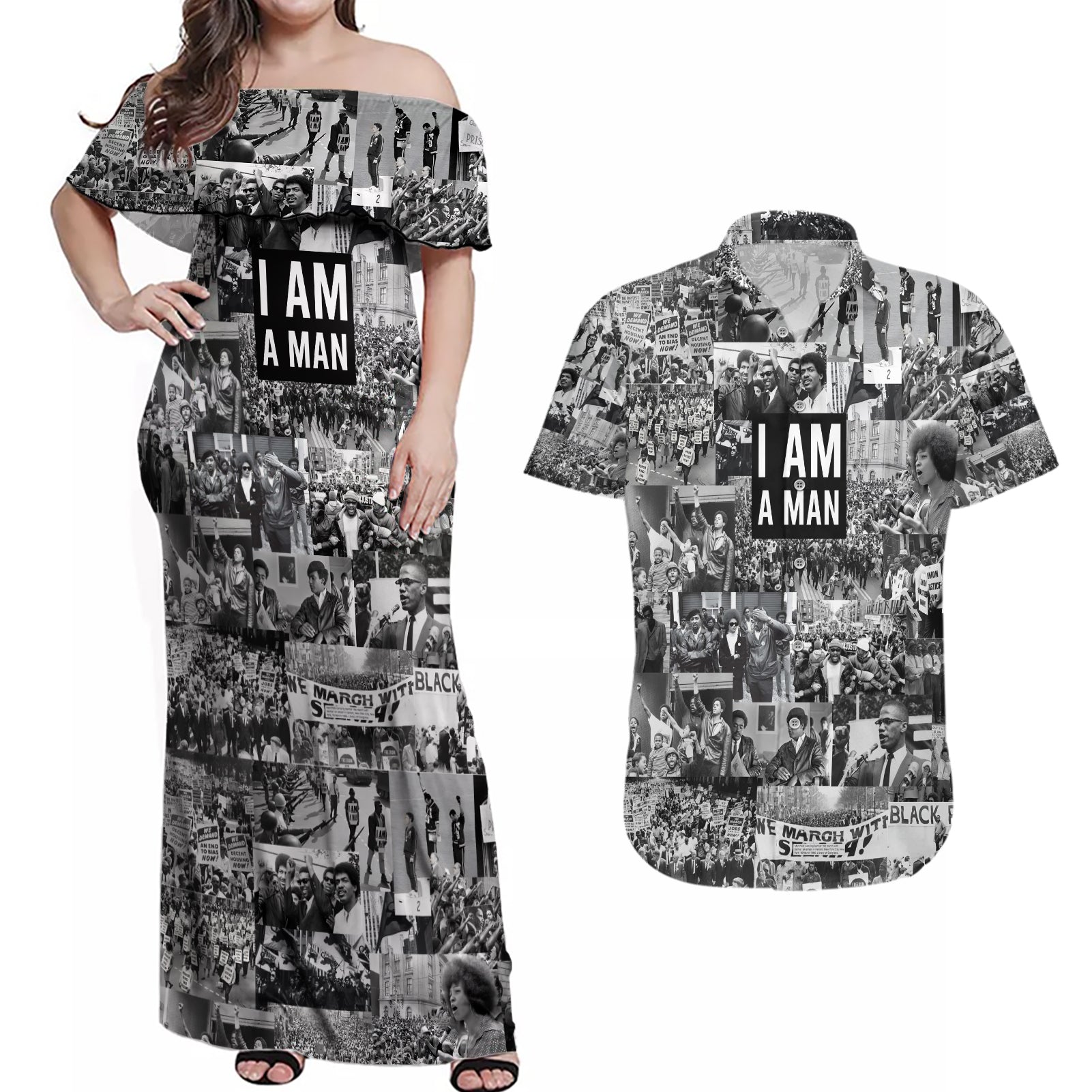 Black Power Couples Matching Off Shoulder Maxi Dress and Hawaiian Shirt African American Culture - Wonder Print Shop