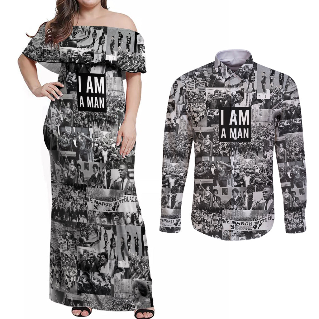 Black Power Couples Matching Off Shoulder Maxi Dress and Long Sleeve Button Shirt African American Culture - Wonder Print Shop