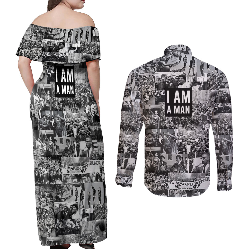 Black Power Couples Matching Off Shoulder Maxi Dress and Long Sleeve Button Shirt African American Culture - Wonder Print Shop