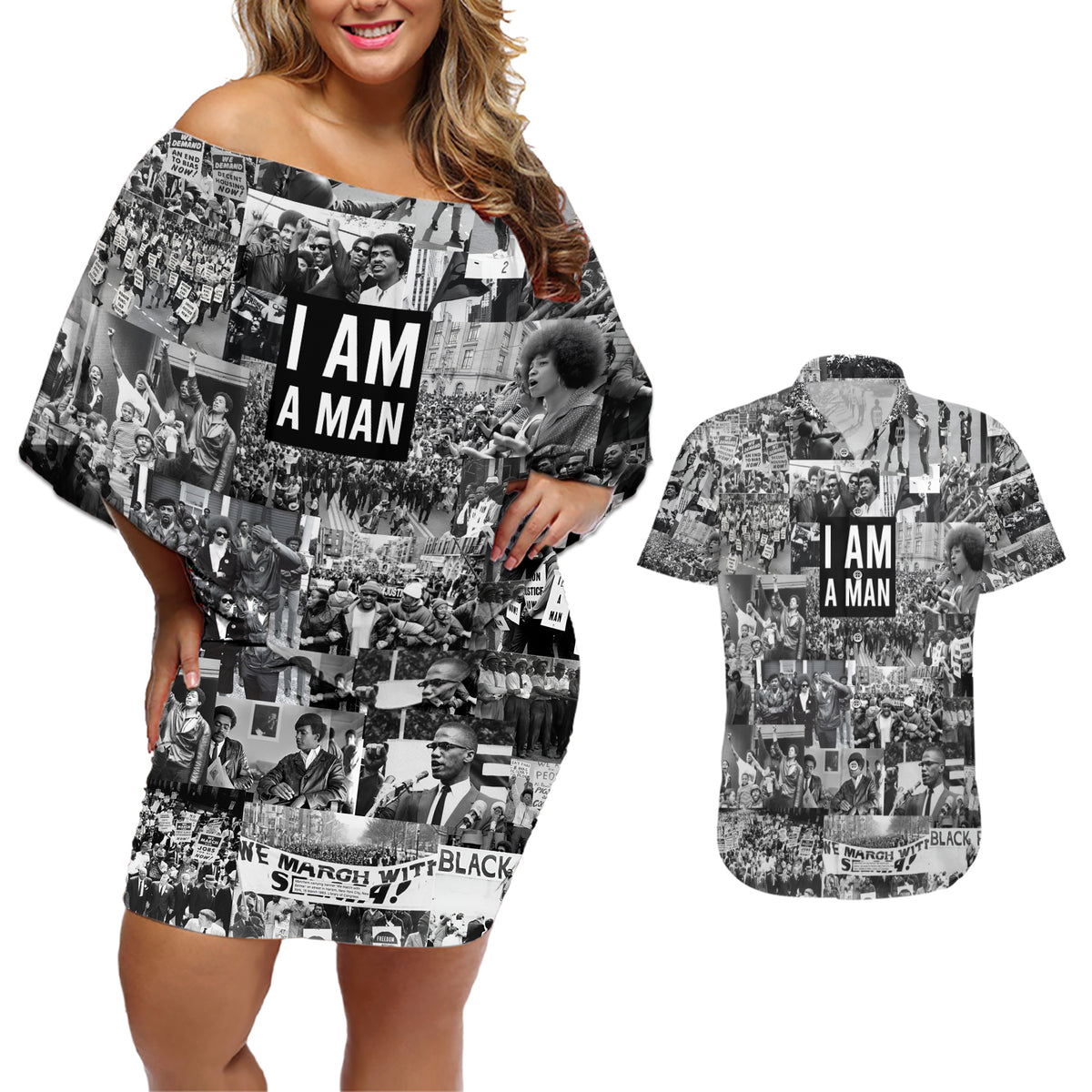 Black Power Couples Matching Off Shoulder Short Dress and Hawaiian Shirt African American Culture - Wonder Print Shop