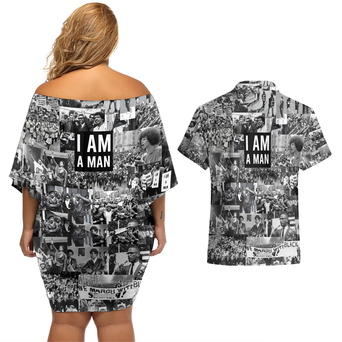 Black Power Couples Matching Off Shoulder Short Dress and Hawaiian Shirt African American Culture - Wonder Print Shop