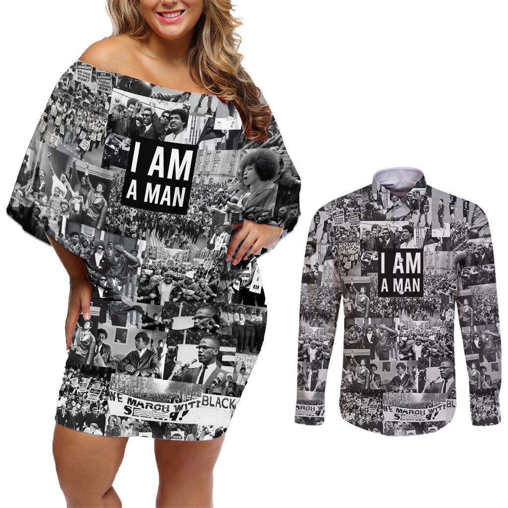 Black Power Couples Matching Off Shoulder Short Dress and Long Sleeve Button Shirt African American Culture - Wonder Print Shop